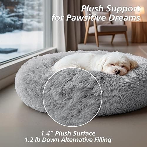 JOLLYVOGUE Small Dog & Cat Beds for Indoor Cats, Donut Cuddler Warming Soft Dog Beds with Anti-Slip Bottom, Round Calming Fluffy Plush Faux Fur Cushion Bed for Small Medium Dogs (20", Smoke Grey) thumbnail 4