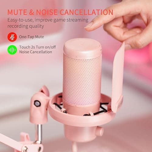 FEELWORLD VM1 Pink USB Gaming Condenser Microphone for pc, Boom Arm Stand | Noise Cancellation, Mute, RGB Light, Gaming Equipemnt, for Gifts YouTube Twitch Podcast Streaming Recording thumbnail 2