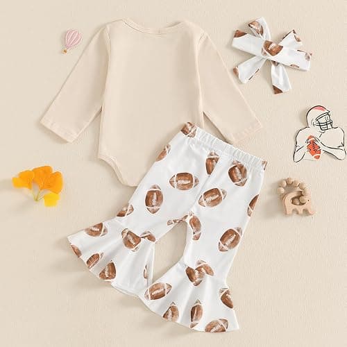 Vicaankue Newborn Baby Girl Football Outfit On Sundays We Watch Football with Daddy Romper and Bell Bottom Pants Headband Set thumbnail 3
