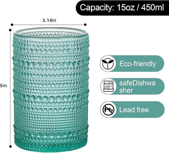 KMIGRUAN 15oz Colored Hobnail Drinking Glasses Set of 6,Vintage Kitchen Glassware,Embossed Beaded Glass Cups,Water Tumbler for Cocktail,Juice and Various Mixed Drinks thumbnail 3