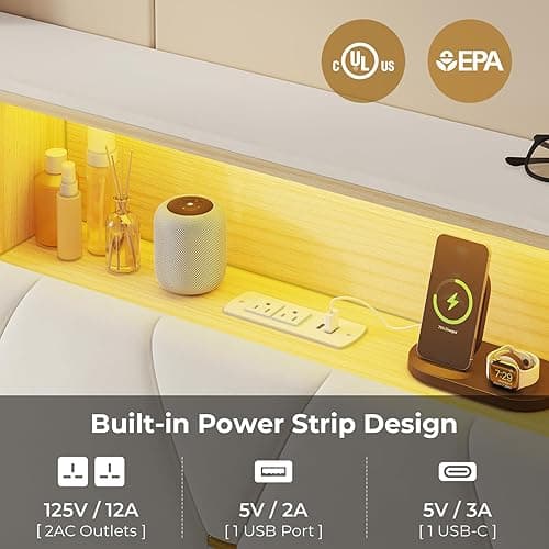 LED Full Bed Frame with Type-C & USB Charging Station, Full Size Bed Frame with Storage Headboard, Modern Velvet Upholstered Platform Bed with Shelf Headboard, Noise-Free, Creamy White thumbnail 7