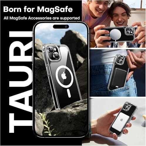 TAURI für iPhone 15 Hülle 6,1" mit Panzer Schutz Glas Folie, Kompatibel mit MagSafe, Schutz nach Militärstandard, [Anti-Vergilbung] Stoßfest Magnetisch Handyhülle - Durchsichtig thumbnail 3