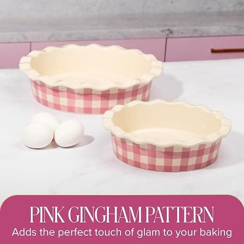Paris Hilton Ceramic Pie Dish Set, 7-Inch and 9-Inch Stoneware Baking Dishes with Fluted Rim and Gingham Design, Oven Safe up to 450°F, 2-Piece, Pink thumbnail 5