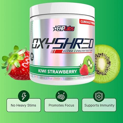 EHP Labs OxyShred Pre Workout Powder - Preworkout Powder with L Glutamine & Acetyl L Carnitine, Energy Boost Drink - Kiwi Strawberry, 60 Servings thumbnail 5