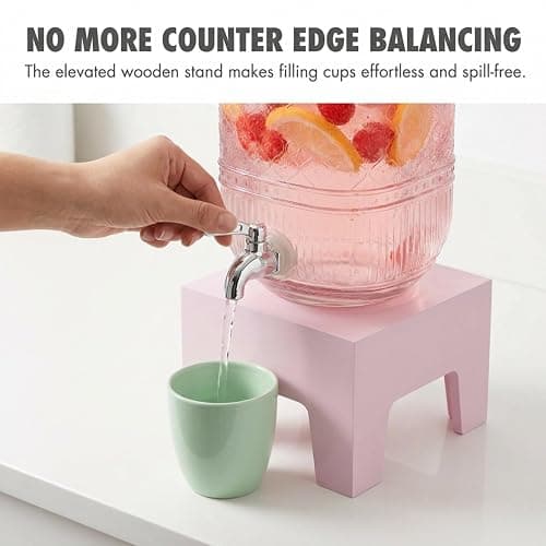 Beverage Dispenser 1 Gallon, Glass Drink Dispenser with Wooden Base Stand, Wide Mouth Jar for Lemonade, Iced Tea, Infused Water, Vintage Kitchen Decor - Pink thumbnail 5