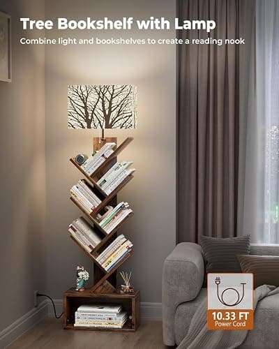 Evermagin Tree Bookshelf with Light, 6 Tier Small Bookcase, Narrow Floor Standing Book Tower Organizer with Storage Cabinet for Living Room, Bedroom and Home Office, Rustic Brown thumbnail 3