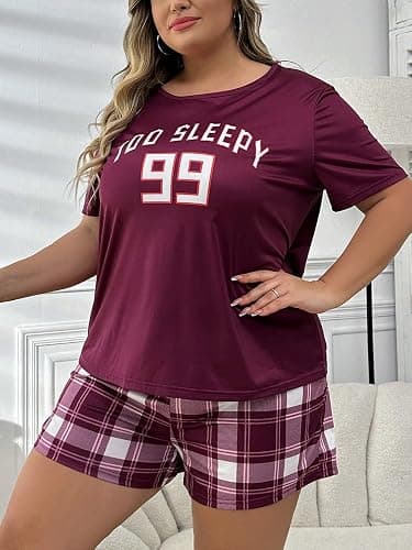 GORGLITTER Women's Plus Size Pajama Set 2 Piece Letter Short Sleeve Shirt Plaid Boxer Shorts Pjs Lounge Sets thumbnail 3