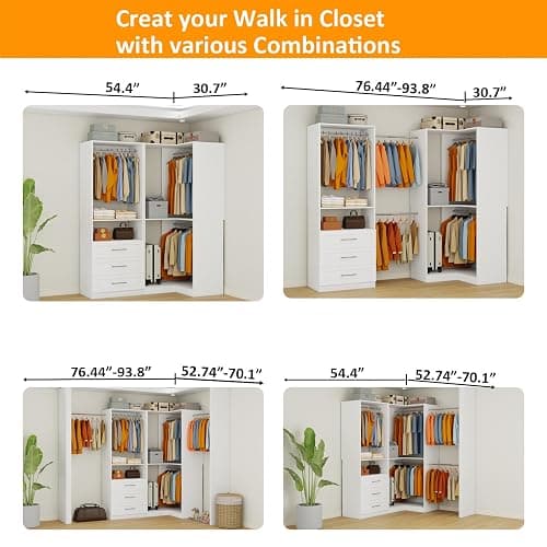 Secilix Closet System with 3 Wooden Drawers, 4.5-6FT Corner Closet Organizer System for Walk in Closet, Heavy Duty Modular Closet Systems, Built-in Shelving System with 5 Hanging Rods, 2-Piece Set thumbnail 7