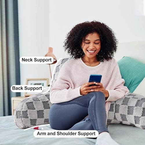 Holawakaka Checkered Reading Pillow with Arms, Adults Backrest Reading & Rest Pillows for Sitting Up in Bed, Bed Rest, Lounging, Working, Arms Back Support Cushion for Men Women Teens, Light Grey thumbnail 8