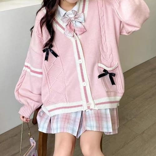 FindThy Women’s Kawaii JK School Uniform Cardigans Long Sleeve Button Up Cardigan with Pinned Bowknot thumbnail 5