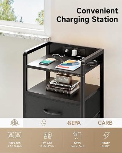 Lazzanto Night Stand Bedside Charger Bedroom - Nightstand with Charging Station & LED Light Strip, Night Stand with Storage Shelf & 2 Fabric Drawers, Morden End Table with U-S-B Ports & AC Outlets - Black - 2 Drawers thumbnail 5