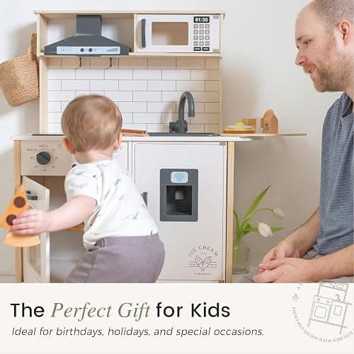 Tiny Land Play Kitchen for Kids, Wooden Kids Play Kitchen Playset Chef Pretend Play Set for Toddlers with Real Lights & Sounds, Toys Kitchen with 18 Pcs Toy Food & Cookware Accessories - White thumbnail 7