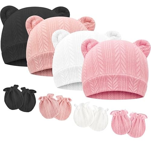 BQUBO Newborn Baby Hats Bear Ears and Mittens Sets Preemie Caps Baby Boy Girl Infant Hospital Beanie for 0-3 Months - Image 1