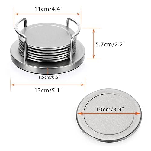 JUXYES Set of 6 Stainless Steel Round Coasters with Holder & Sponge Bottom, Silver Metal Cup Coasters Set Stunning Cool Coaster Cups Mats Decor for Restaurant Kitchen bar Dining Table thumbnail 3