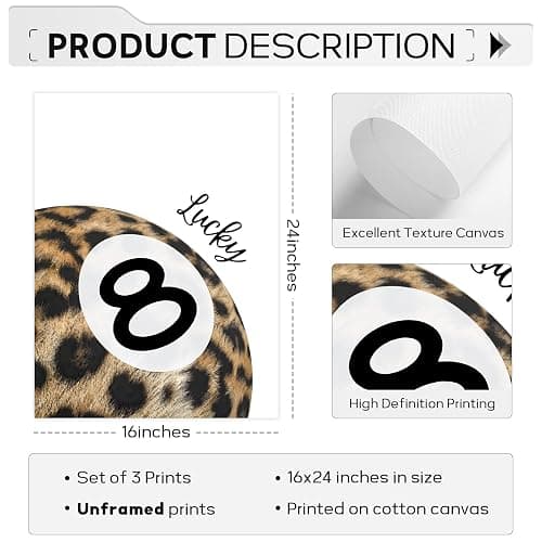 Leopard Wall Art Cheetah Canvas Prints Lucky 8 Ball Wall Decor Fashion Leopard Poster Aesthetic Pictures Trendy Cheetah Painting Preppy Artwork for Living Room Bedroom 16x24 Inch Unframed Set of 3 thumbnail 2