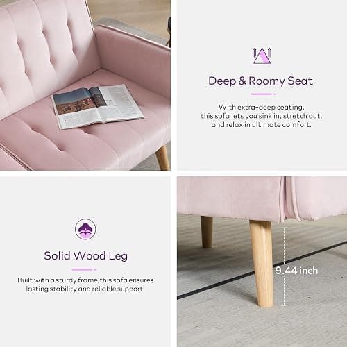 TYBOATLE 65" W Velvet Modern Convertible Folding Futon Couch Sofa Bed w/ 2 USB Charging Ports and arms, Loveseat for Compact Living Space, Dorm, Game Studio, Bonus Room, Apartment, Bedroom (Pink) - Pink thumbnail 5