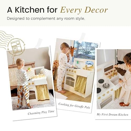 Tiny Land Toddler Kitchen Playset, Wooden Play Kitchen Set Toy with Cutting Food & Cookware, Oven, Clicking Knobs, Stove and Sink, Small Toy Kitchen Gift for Kids, Girls & Boys - Cream thumbnail 6