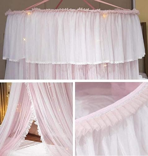 VETHIN Bed Canopy Princess for Girls,Bed Canopy Curtain Double Layer Sheer Mesh Dome Bed Curtain- Round Lace Princess Mosquito Net Tent for Twin Full Queen King Bed(Pink/White) thumbnail 3