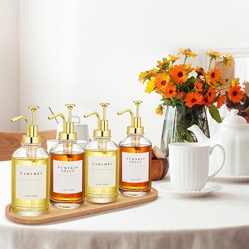 Coffee Syrup Dispenser for Coffee Bar, Coffee Syrup Pump Dispenser, Glass Syrup Bottle with Gold Upgraded Pump, 4 Pack 16.9 oz 500 ml Syrup Dispensers, 28 Labels and Large Bamboo Tray thumbnail 4