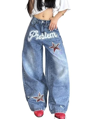 OYICAI Women's Baggy Jeans Embroidered Wide Leg Jeans Y2k Hip Hop Loose Fit Denim Pants Skater - Image 1