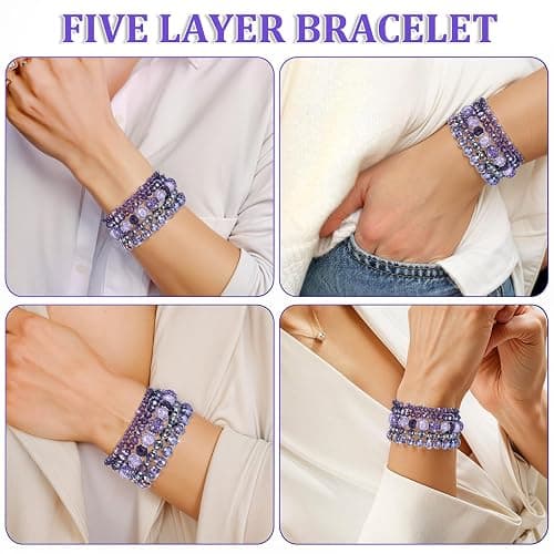 Wanmu 5Pcs Beaded Bracelets for Women, Bohemian Glass Faceted Crystal Beads Bracelet, Stackable Boho Disco Ball Stretch Bracelets, Multilayered Purple Jewelry Gift for Women, Mother's Day thumbnail 7