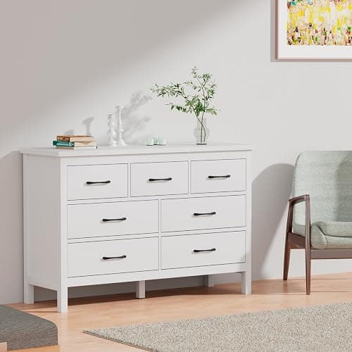 JOZZBY White Dresser for Bedroom with 7 Drawers, Modern Deep Drawer Dresser with Golden Handles, Wooden Storage Organizer Chest of Drawers for Office, Hallway thumbnail 2