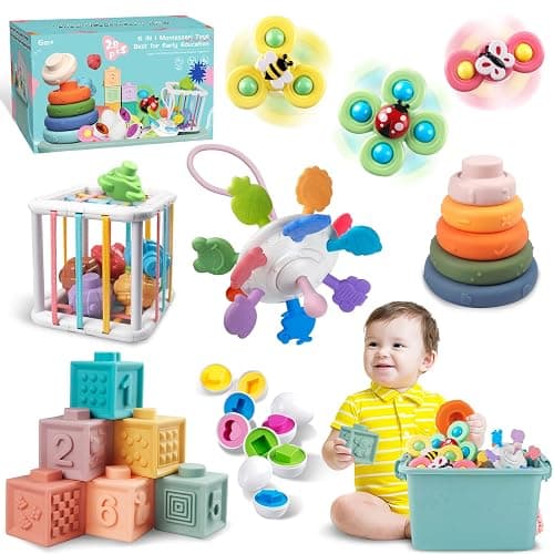 Baby Toys for 6 to 12 Months, Montessori Sensory Bins Toys for Toddlers 1-3, Pull String Teether Infants Bath Toys 6 in 1 Stacking Blocks Rings, Matching Eggs, Suction Cup Spinner Toy - Image 1