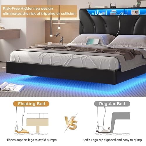 DICTAC Full Size Floating Bed Frame with led Lights & Storage Headboard Full Led Visual Floating Bed with Outlets Faux Leather Upholstered Platform Bed with Hidden Storage,No Box Spring Needed,Black thumbnail 7