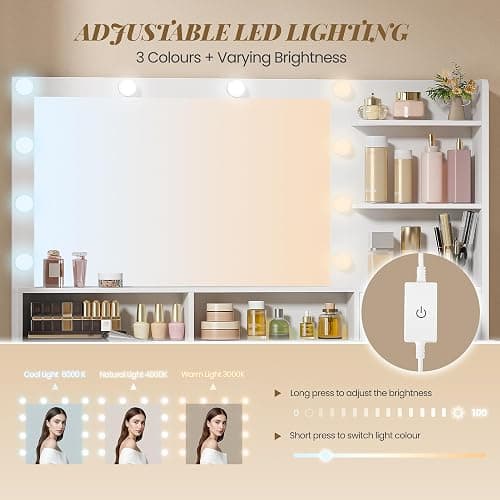 HEXCELEN Vanity Desk, with LED Light, Makeup Vanity with Mirror, Dressing Table with Power Strip, 6 Shelves, 5 Drawers and Open Side Storage, Simple, White thumbnail 5