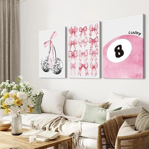 Trendy Pink Bows Wall Art Set of 3 Coquette Preppy Cherry Wall Decor Light Pink Cute Girly Lucky 8 Ball Canvas Poster Prints Aesthetic for College Dorm Living Room Bedroom Framed 12x16 Inch thumbnail 6