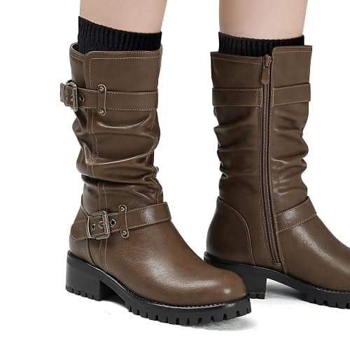 DOBOLIN Mid Calf Boots For Women with a Wide Toe Box Motorcycle Biker Riding Boots with Buckles Round Toe Dress Boots with Low Chunky Heel thumbnail 7
