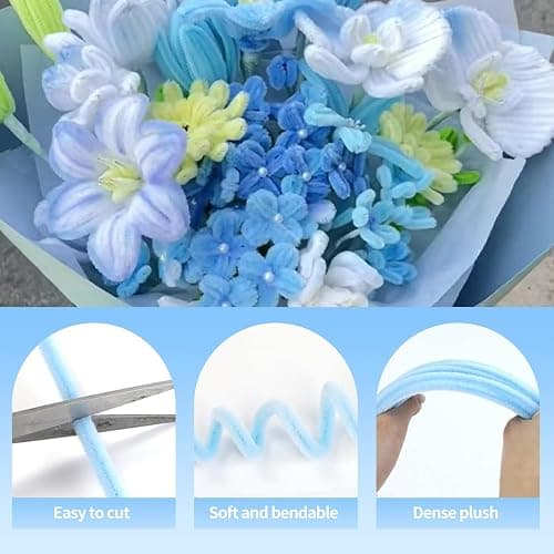 500 Pcs Pipe Cleaners Craft，5 Colors Pipe Cleaners Bulk,Chenille Stems Flowers Craft kit for DIY Handmade Bouquet Wrapping Party Decorations whit Ribbons，Stems,Tape，Stamens, Glue Sticks (Blue) thumbnail 5