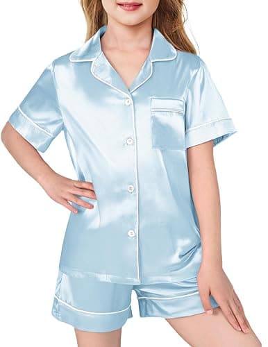 Arshiner Girls Pajamas Silk Satin Pajama Sleepwear Button Down Kids Pj Set | Soft Comfortable Silky Fabric, 2-Piece Pjs, Cute Pajamas for Little & Big Girls, Ideal for Lounging and Sleeping - Image 1