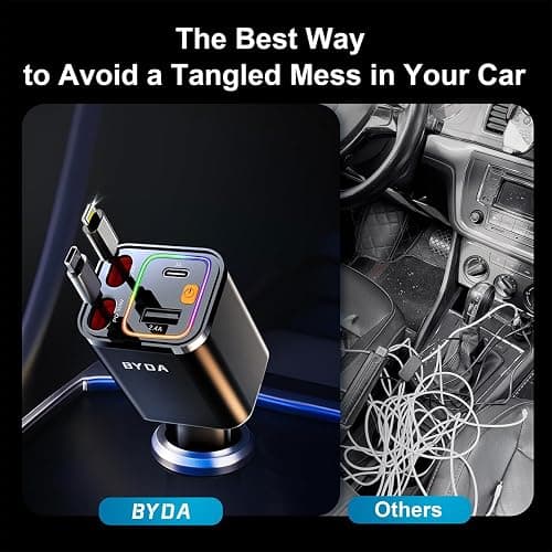 4 in 1 Retractable Car Charger,69W Fast Charging USB C for iPhone 16/15/14/13/12,iPad,Android,Galaxy,Pixel,Cigarette Lighter Adapter (Black, Light-ning+USB-C) thumbnail 3