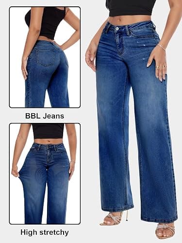 ONESO Mid-Low Rise Baggy Jeans Wide Leg for Women Distressed Pants Stretchy Bottom Lady Basic Comfortable Denim thumbnail 5