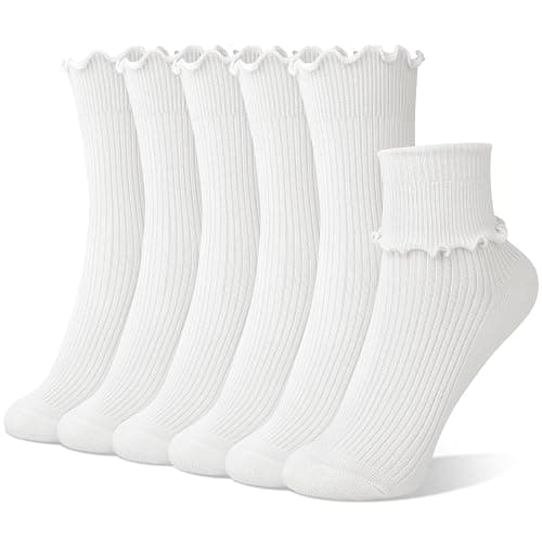 6 Pairs Cute Floral Ruffle Crew Socks Women, Breathable Cotton Novelty Casual Girls Above Ankle Funny Socks US 5-10 - Image 1