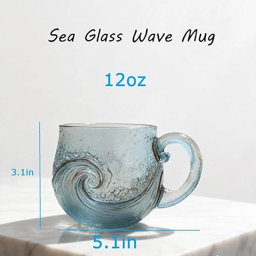 Sea Wave Handblown Glass Mug, 12 Oz Textured Ocean Design Cup for Coffee Wine Ice Drinks, Resin Drinkware Gift thumbnail 3