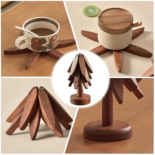Wooden Tree Coasters, Trivets for Hot Dishes, Trivets for Hot Pots and Pans, Wooden Tree Trivet Set - 3 or 4 Wooden Trivet + 1 Stand, Christmas Coasters (Walnut,4pcs-A) thumbnail 4