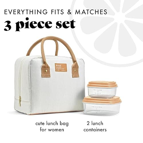 Fit & Fresh Lunch Bag For Women, Insulated Womens Lunch Bag For Work, Leakproof & Stain-Resistant Large Lunch Box For Women With Containers, Zipper Closure Bloomington Bag, Ivory Woven thumbnail 5
