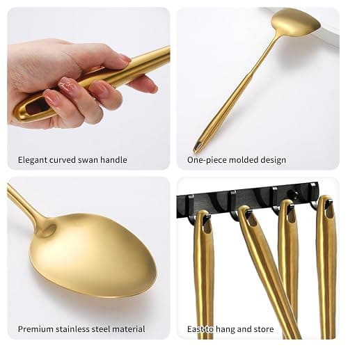 304 Stainlss Steel Matte Kitchen Utensils Set, 12 Pcs Long Metal Cooking Utensil Gadgets Tools Set with Spatula, Ladle, Spoon, Ladle, Skimmer, Tunner, Pasta Server, Tongs(Gold, Dishwasher Safe) thumbnail 6