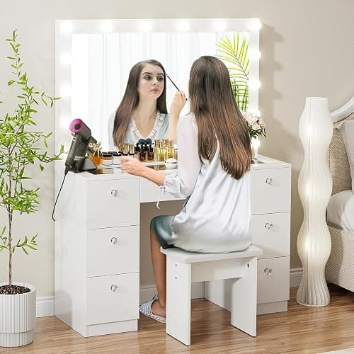 VOWNER Vanity with Lighted Mirror - Makeup Vanity Desk with Glass Top, 7 Drawers and Power Outlet, 3 Color Lighting Modes Adjustable Brightness, 44" Vanity Table with Stool for Women Girls, White thumbnail 8