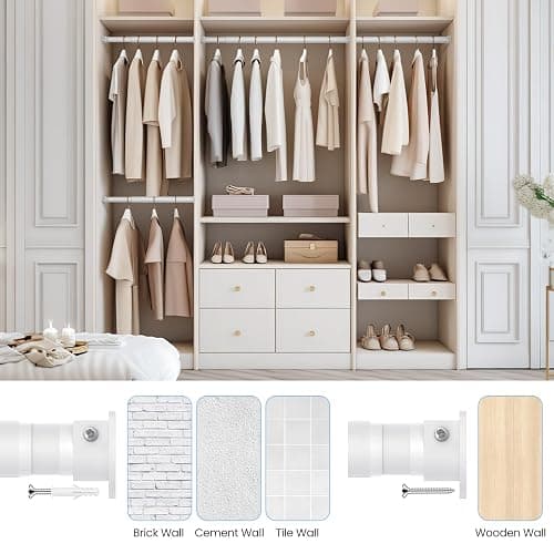 Closet Rods for Hanging Clothes, 17 to 99 Inch Heavy Duty Stepless Adjustable Closet Hanging Rod, 1.3 Inch Diameter Metal Closet Rod for Wardrobes Laundry Bedroom RV, White thumbnail 6