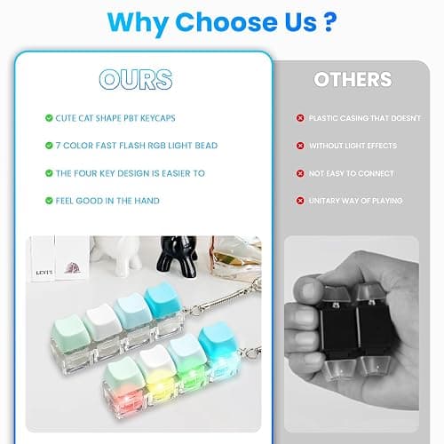 2 Pcs Keyboard Fidget Toy for Adult, Cute Cat Clicker Keyboard Fidget Keychain with LED Lights and No Light, Colorful 4-in-1 Loud Stress Relief Fidget Keyboard for Anxiety Decompression (Blue) thumbnail 6