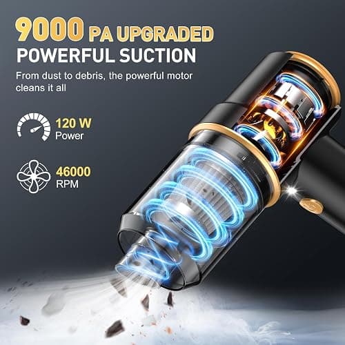 KMM Handheld Car Vacuum Cleaner, 9000PA Vacuum Cleaner & Air Duster, 120W High Power Vacuum Portable Cordless, Hand Held Vacuum Rechargeable with Multi-Nozzles & LED Light for Home, Car, Office thumbnail 3