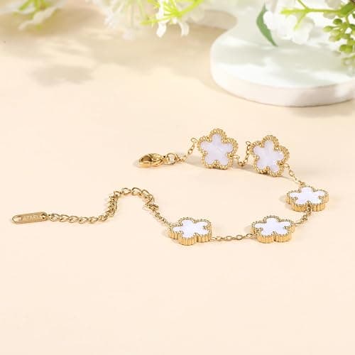Clover Bracelets for Set Women, Van Cleef 18K Gold Plated Fashion Bracelet Four Leaf Lucky 5 Leaf Bracelet Jewelry Gifts 3Pcs thumbnail 3