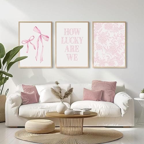 Pink Bow Floral Wall Art Preppy Aesthetic Canvas Wall Decor Trendy Coquette Posters Pink Bow Pictures Chinoiserie Flower Prints Painting for Girls Dorm College Apartment 12x16 Inch Unframed Set of 3 thumbnail 2