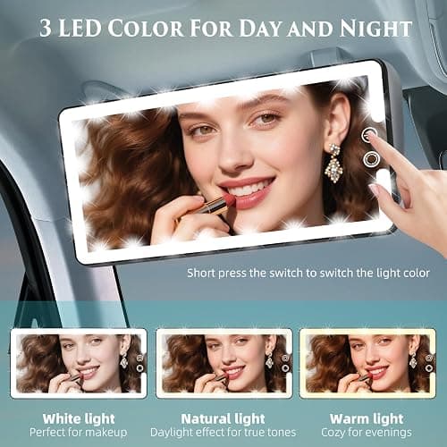 Car Visor Vanity Mirror with Light, Rechargeable Dimmable Touch LED Sun Visor Mirrors, Large Detachable Vanity Makeup Mirror with 3 Color Modes for Truck SUV Car Accessories Essential for Women(Black) thumbnail 2
