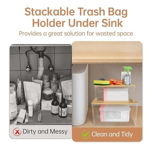 COAZEX 2 Pack Trash Bag Holder Under Sink Stackable, Plastic Garbage Dispenser with Lid, Trash Bag Storage Dispenser Roll Holder for Kitchen, Pantry, Laundry Room Organization - Clear thumbnail 5