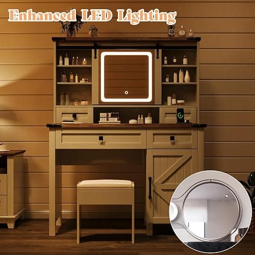 AMERLIFE 42'' Farmhouse Makeup Vanity Desk with Sliding Mirror and Lights, Glass Tabletop Vanity Table with 2 Drawers & Shelves for Bedroom(NO Bench), Antique White thumbnail 7