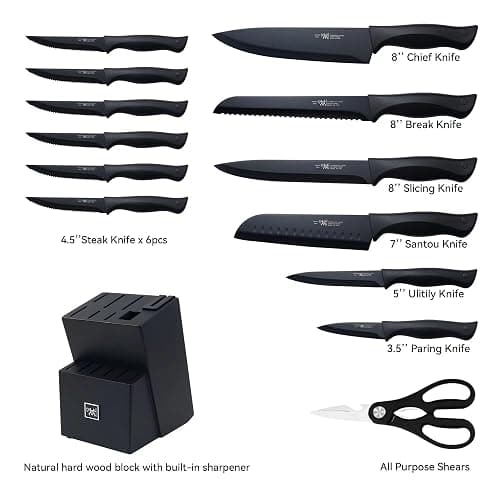 Knife Set, HUNTER.DUAL 15 Pcs Kitchen Knife Set with Block Self Sharpening, Dishwasher Safe, Anti-slip Handle, Black - Black thumbnail 3
